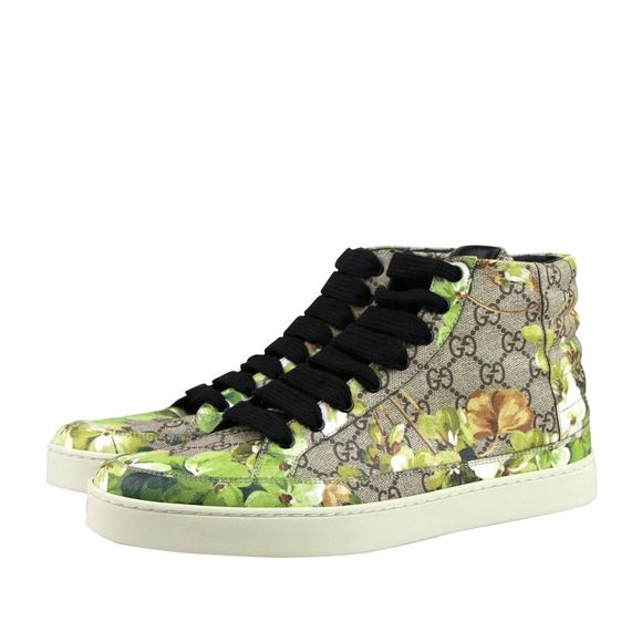 Gucci Men's Bloom Print Supreme GG Green Canvas Hi Top Sneakers Shoes 407342 - Picture 2 of 8